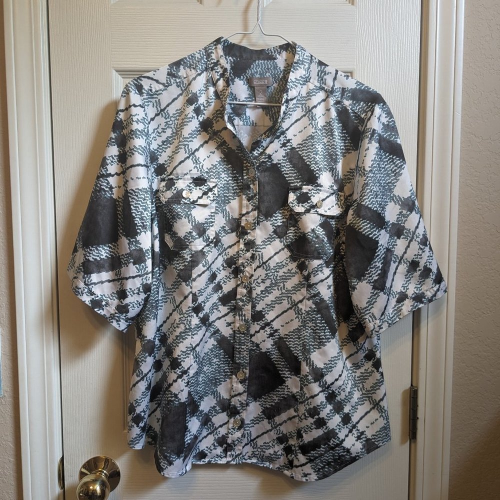 Chicos Button Front Banded Collar Plaid Elbow Sleeve size Large